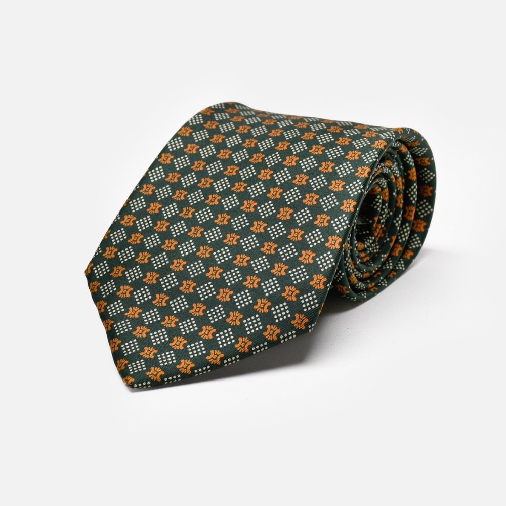 CELINE Triomphe Motif Silk Tie in Green & Orange